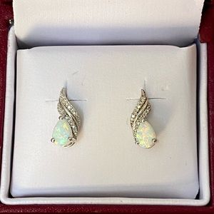 OPAL AND DIAMOND STUDS. STERLING SILVER